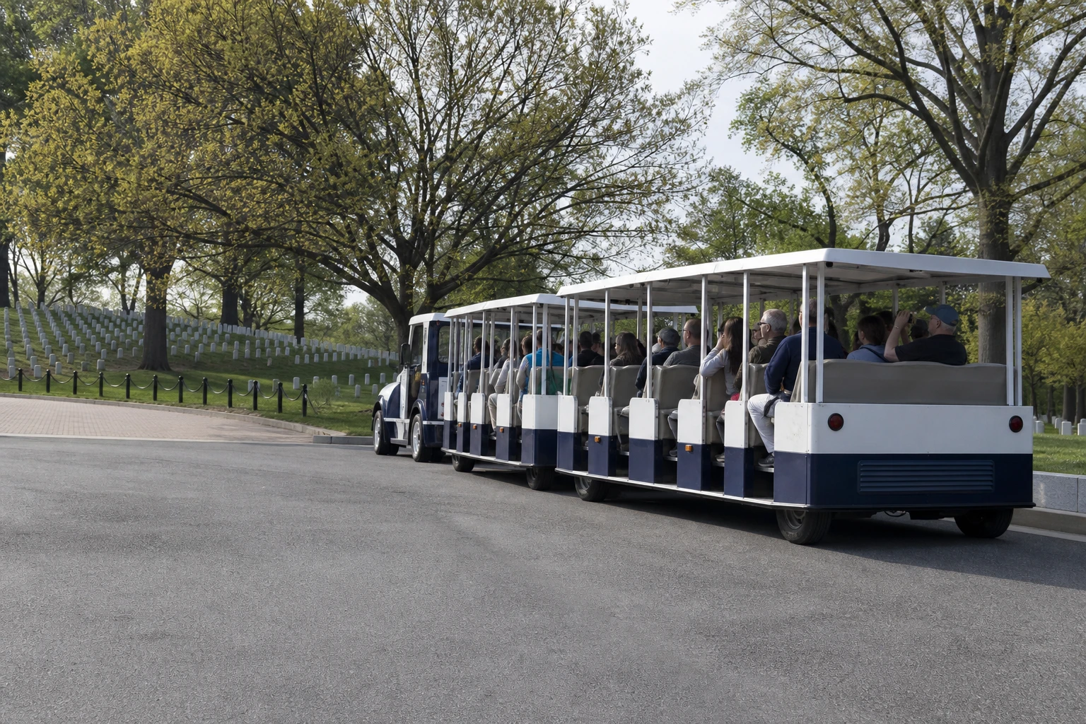 Open-air interpretive tram at Arlington National Cemetery near the Welcome Center