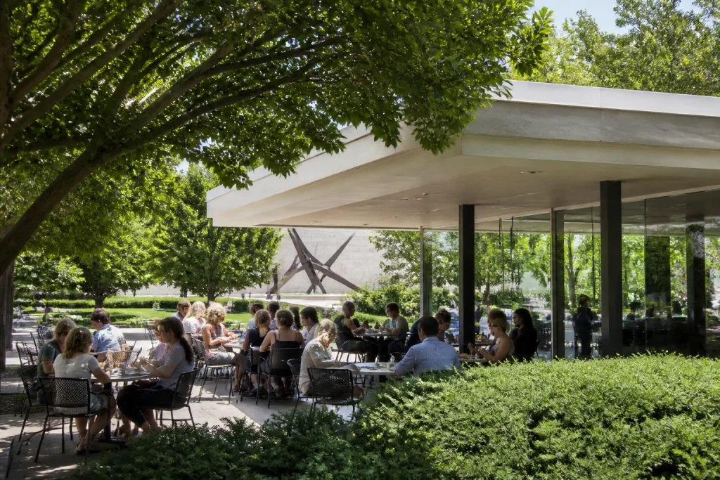 Outdoor tables at the Pavilion Café in the National Gallery of Art Sculpture Garden.