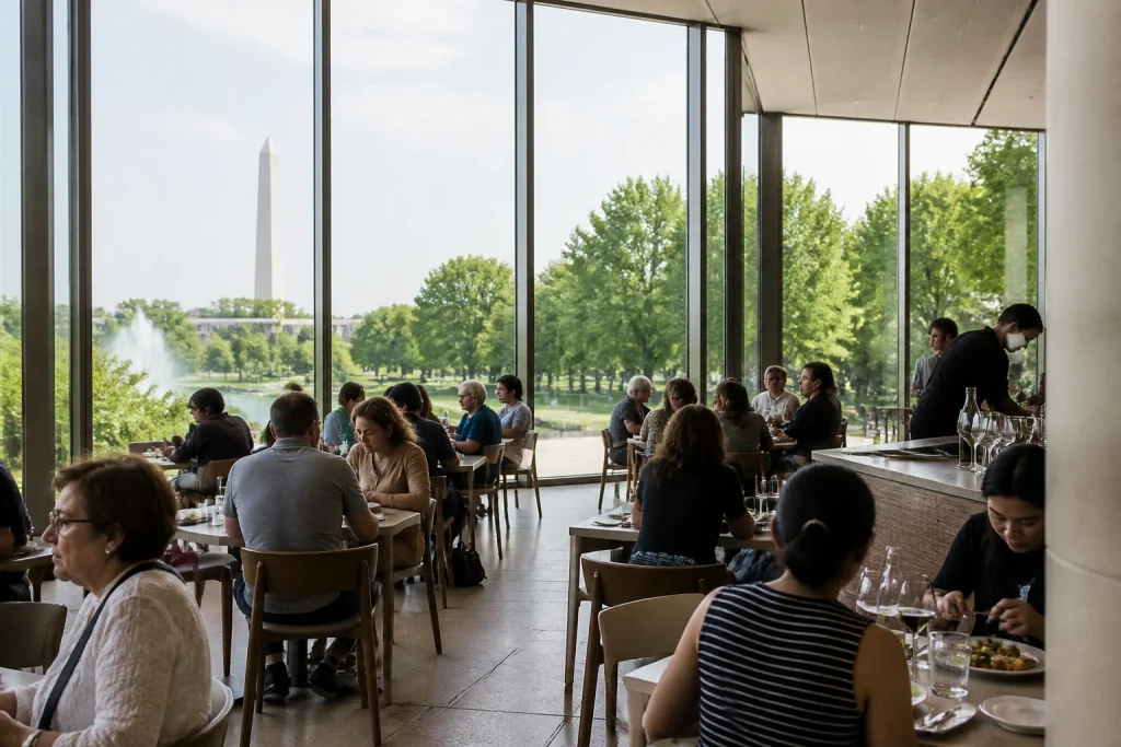 Indoor dining area at the Cascade Café in the National Gallery of Art.