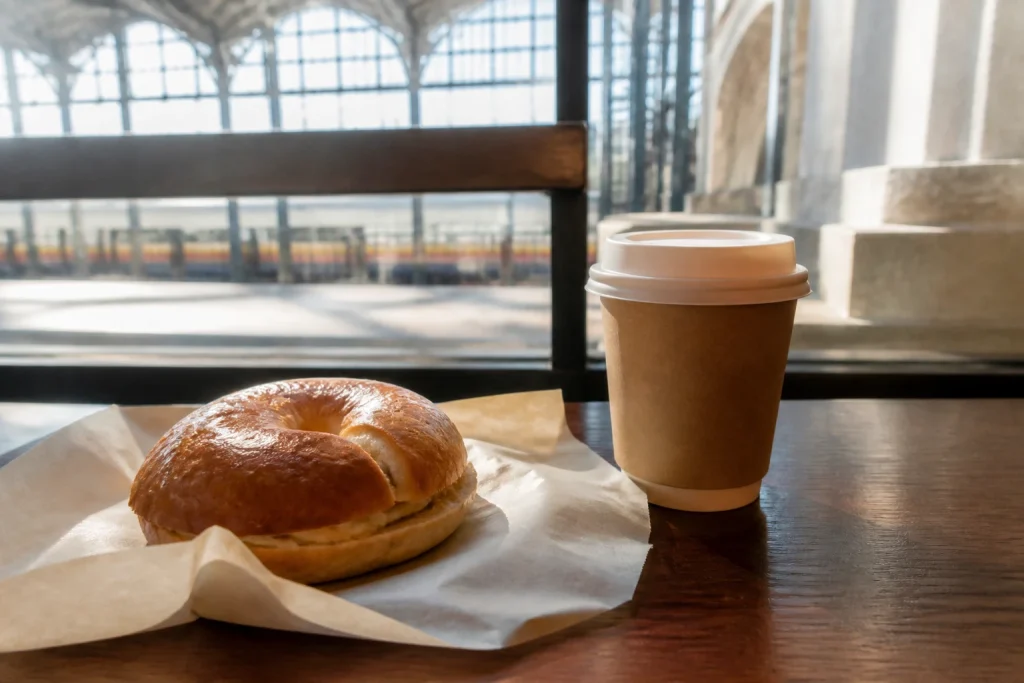 Coffee and a bagel ready for a morning journey through Union Station