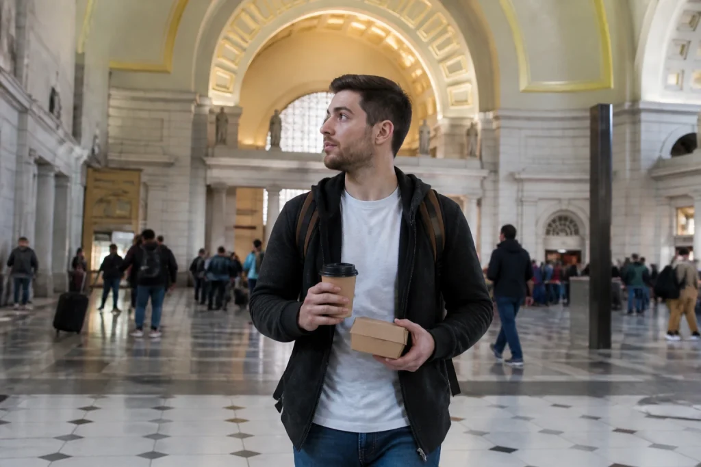 Traveler carrying a quick meal through Washington Union Station