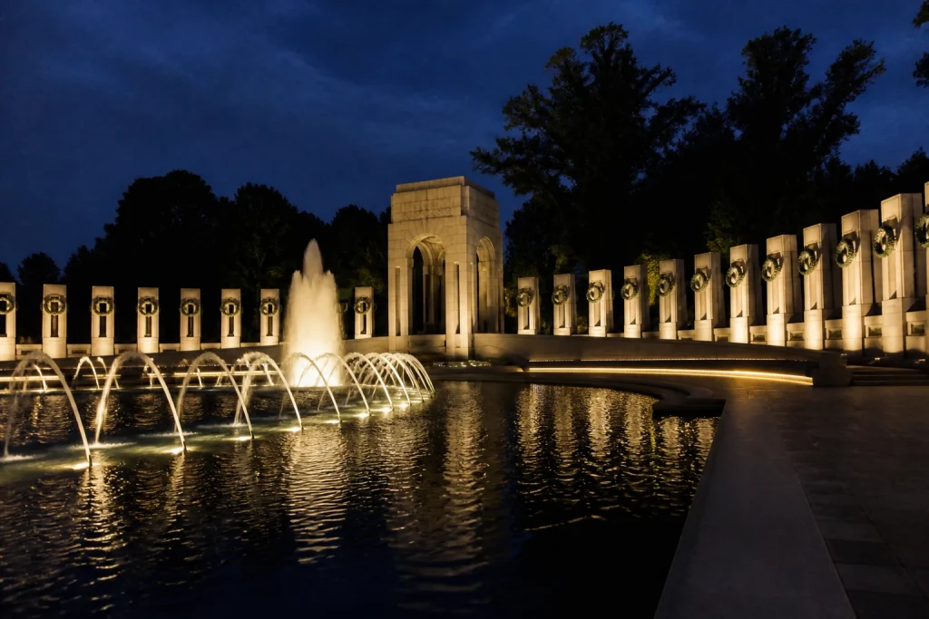 World War II Memorial illuminated at night in Washington DC