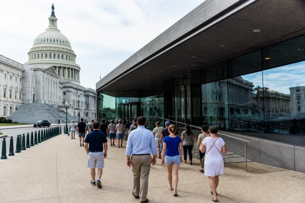 Visitor approach on the east side of the U.S. Capitol near the Capitol Visitor Center
