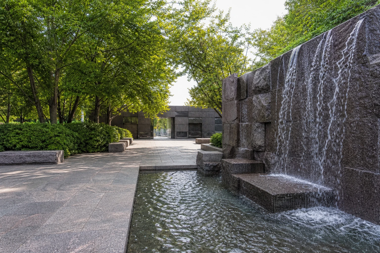 Granite-paver path and fountain at the Franklin Delano Roosevelt Memorial in Washington DC
