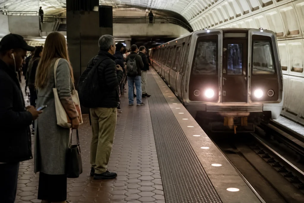 Riders waiting on a Washington Metrorail station platform