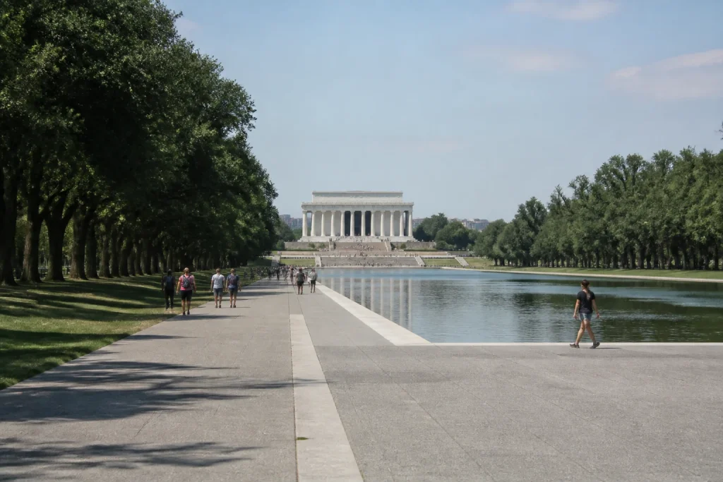 Lincoln Memorial and Reflecting Pool showing the long pedestrian approach
