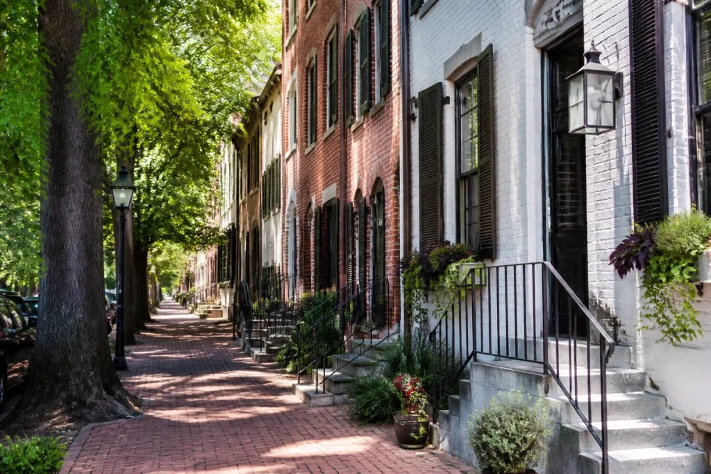 Sidewalk along a historic Georgetown streetscape in Washington, DC