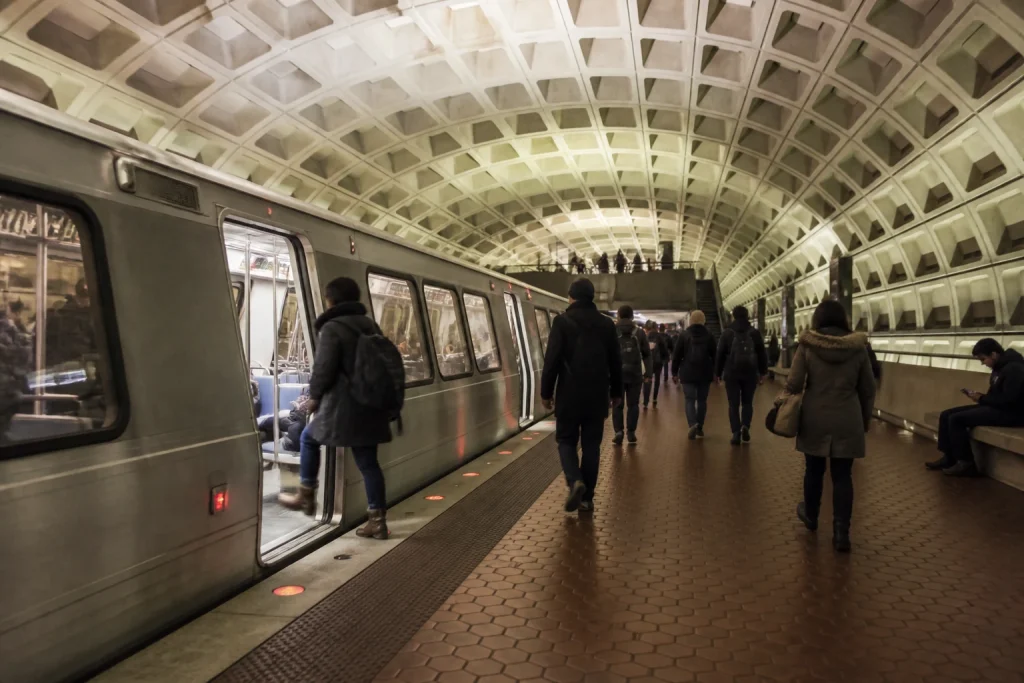 Washington Metro train at a station platform in Washington, DC