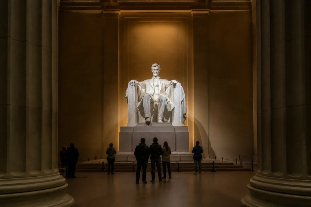 Abraham Lincoln statue inside the illuminated Lincoln Memorial chamber at night