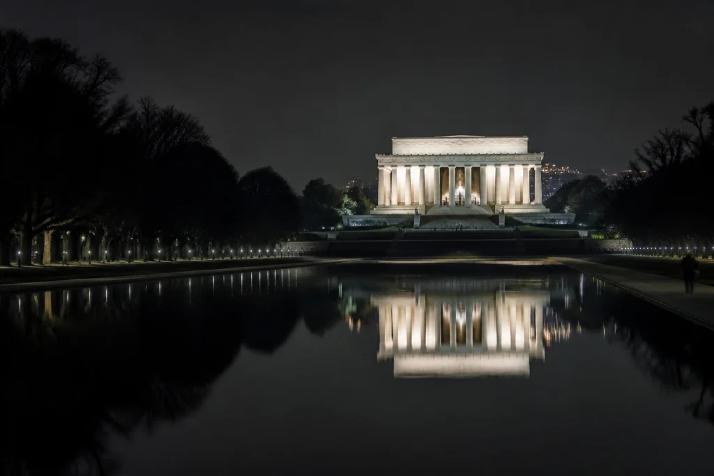 Lincoln Memorial illuminated beyond the Reflecting Pool at night