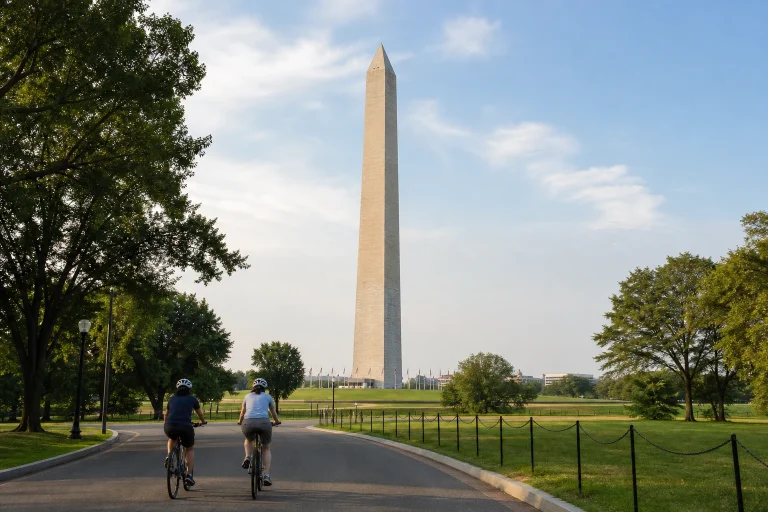 Cyclists on a permitted paved road near the Washington Monument on the National Mall