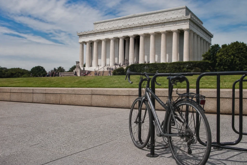 Bicycle parked at a rack near the Lincoln Memorial