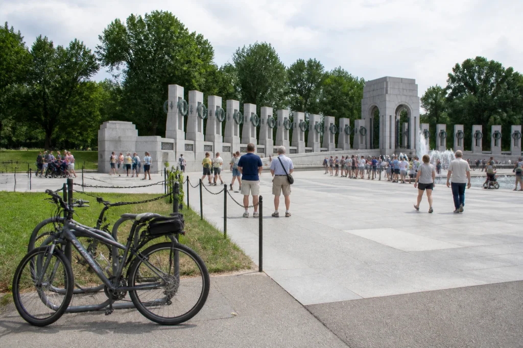 Bicycle parked near the World War II Memorial on the National Mall