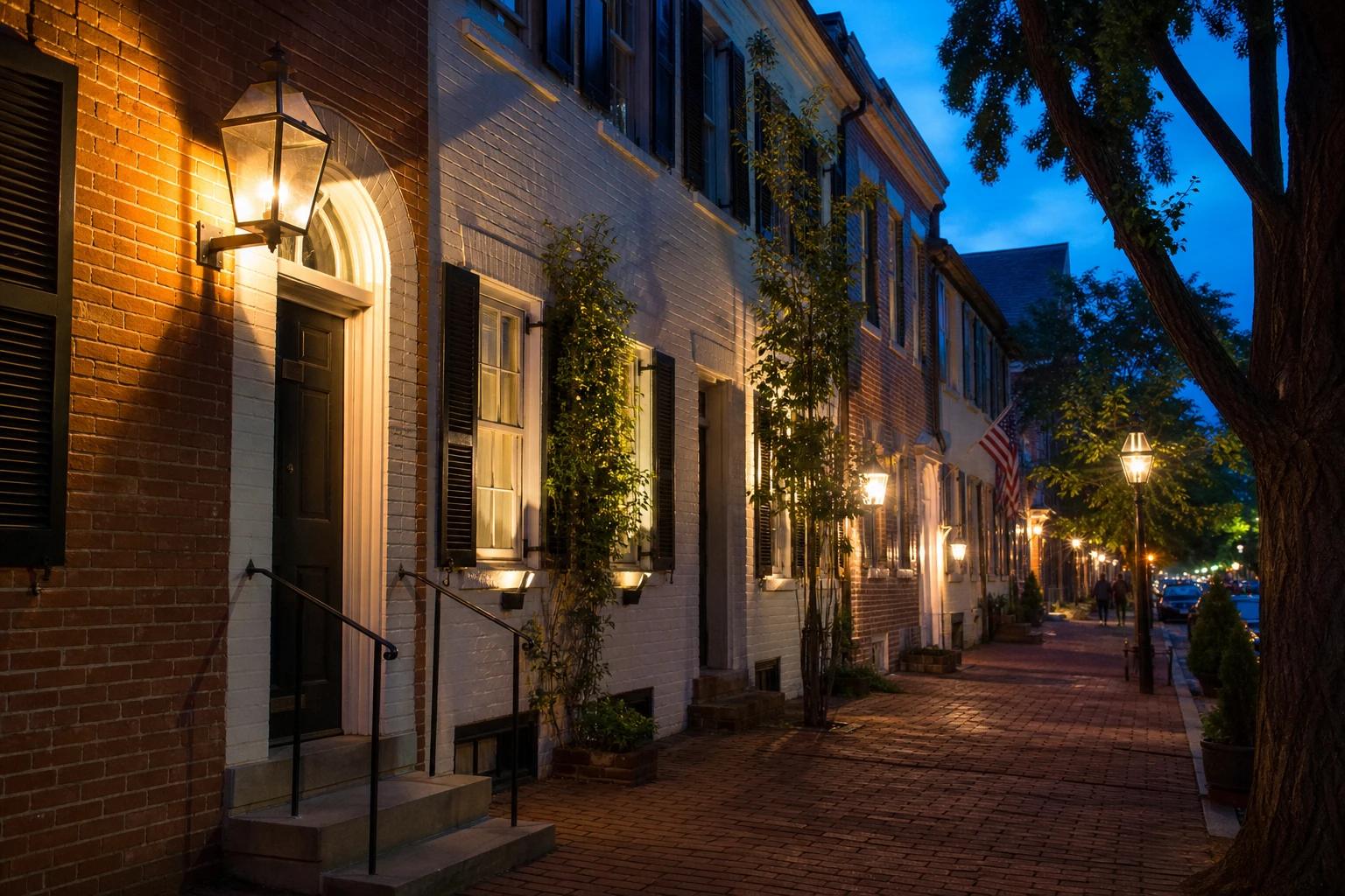 Old Town Alexandria streetscape on King Street at blue hour