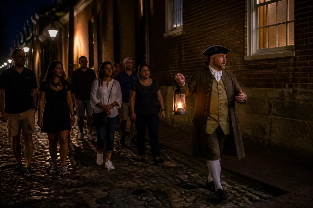 Costumed lantern guide leading a walking group in Old Town Alexandria