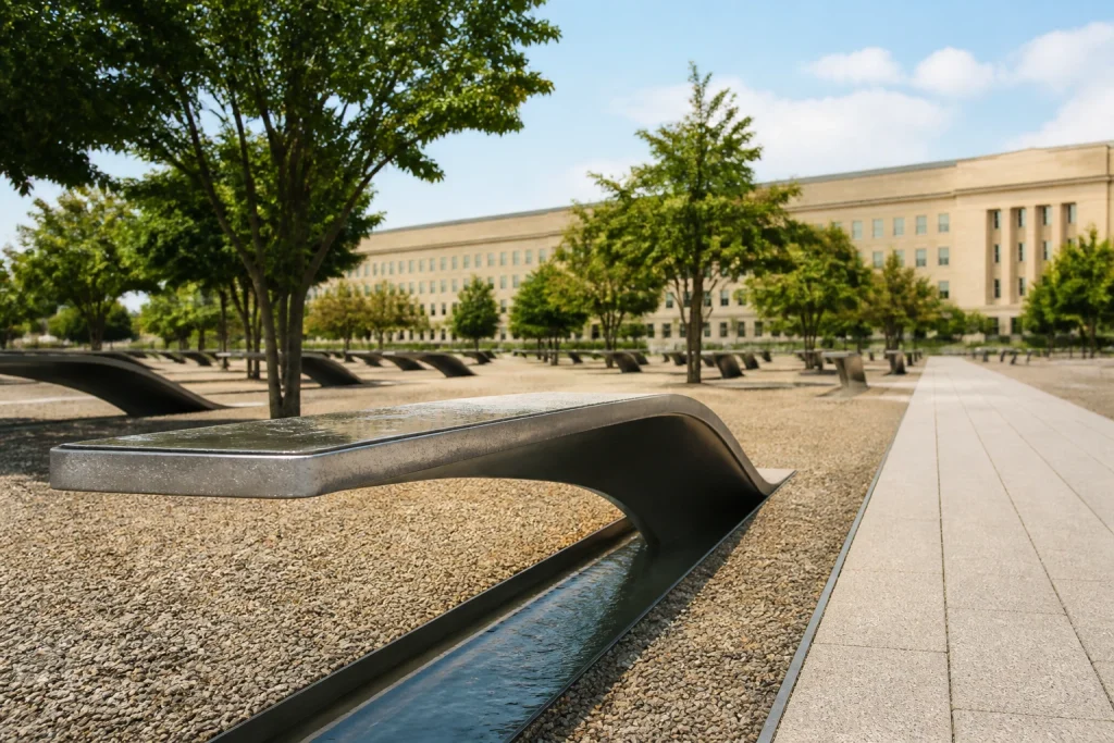 Pentagon Memorial grounds in summer daylight