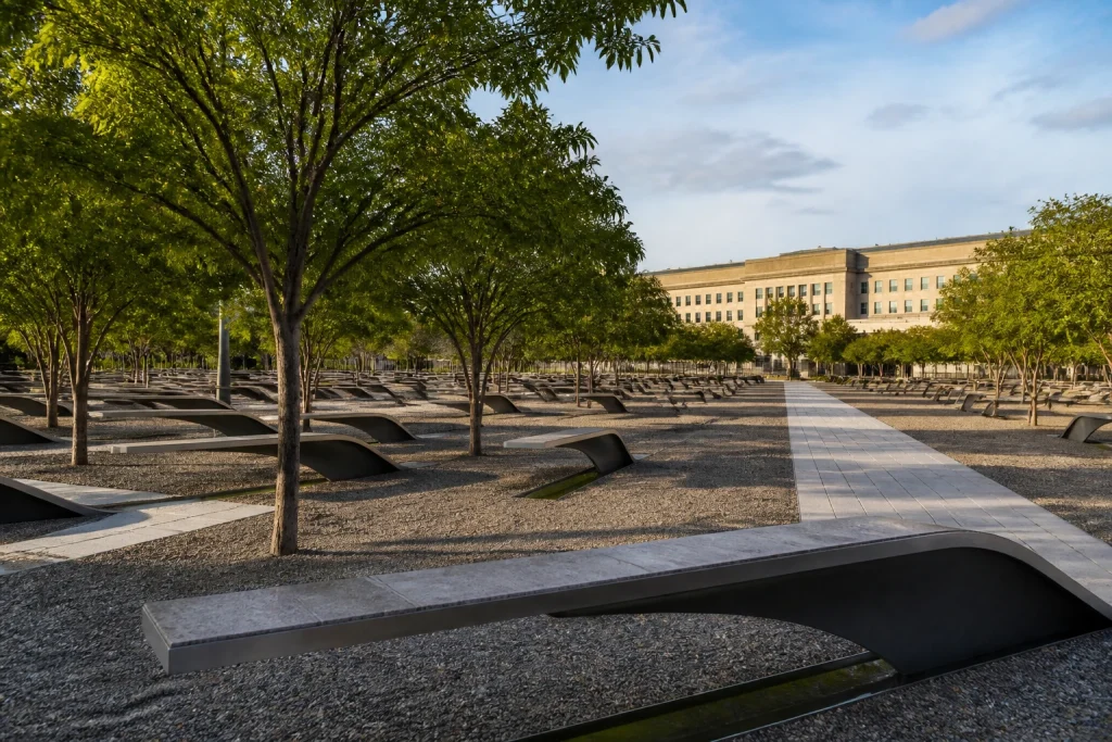 Late-afternoon view of the Pentagon Memorial outdoor setting