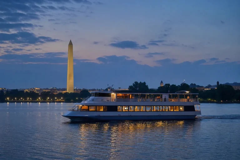 Sightseeing cruise boat traveling on the Potomac River in Washington DC at blue hour