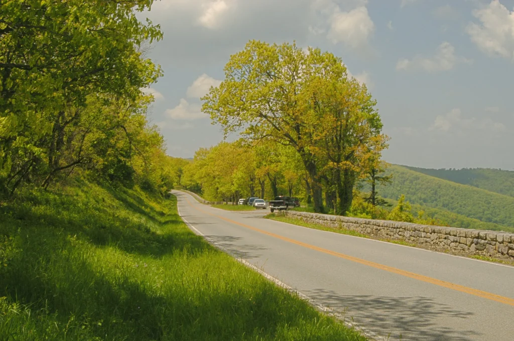 Skyline Drive curving through forested mountains in Shenandoah National Park