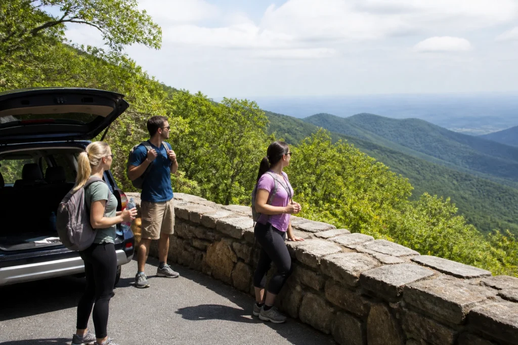 Visitors preparing for a scenic drive and short walk in Shenandoah National Park