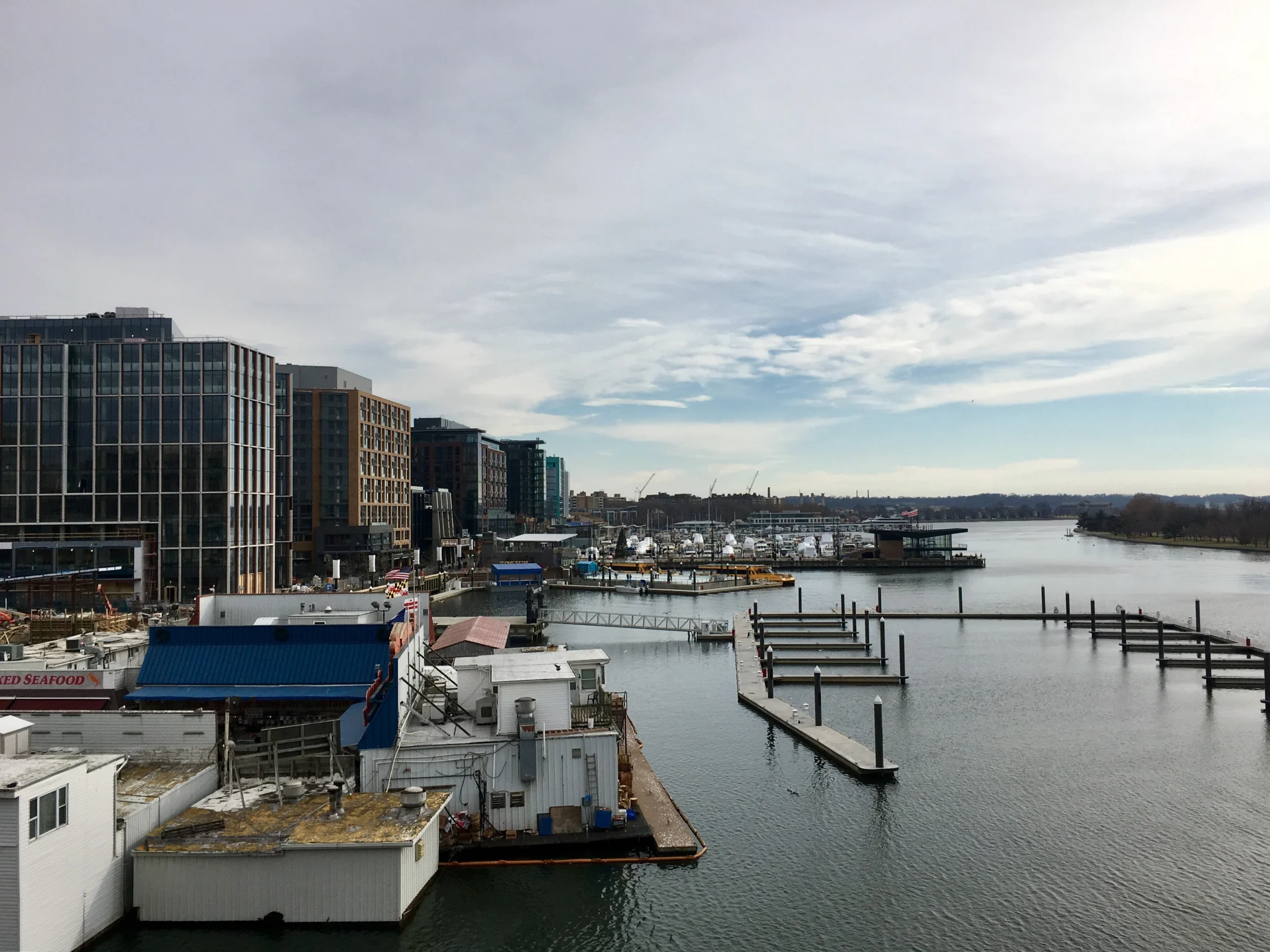 The Wharf waterfront and public piers beside the Potomac River in Southwest Washington, DC