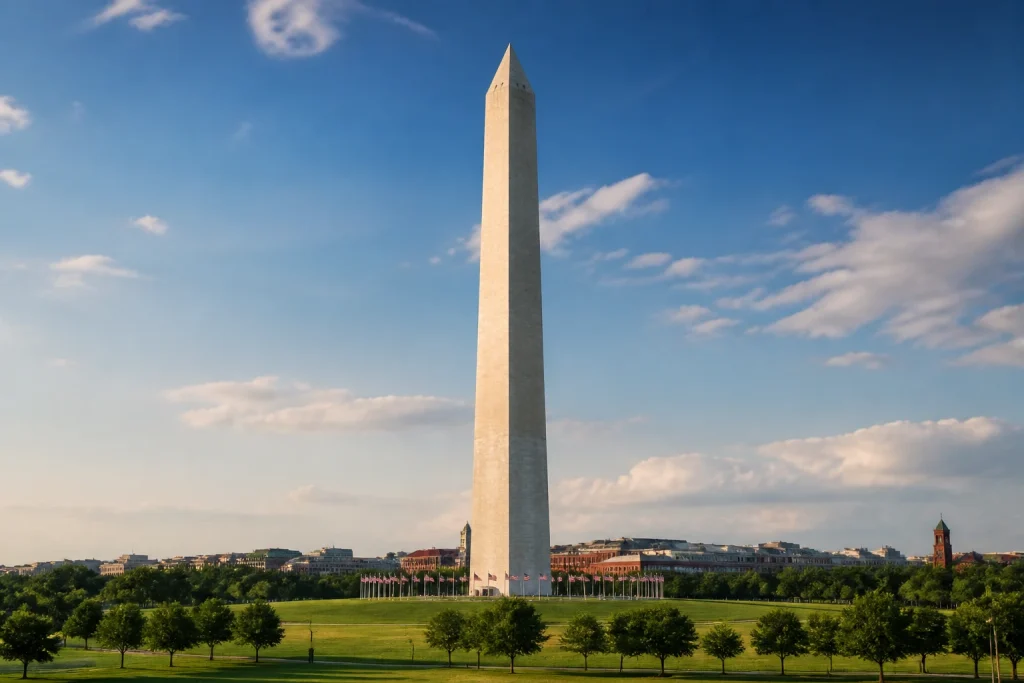 Washington Monument rising above the open grounds of the National Mall
