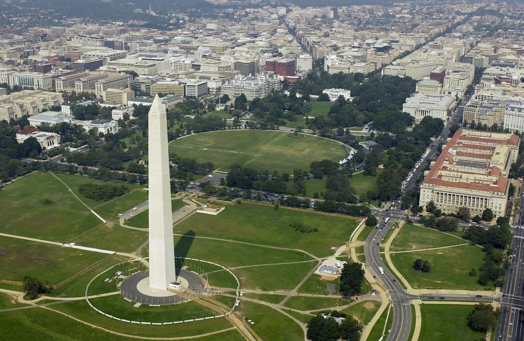 Washington Monument rising above the National Mall grounds