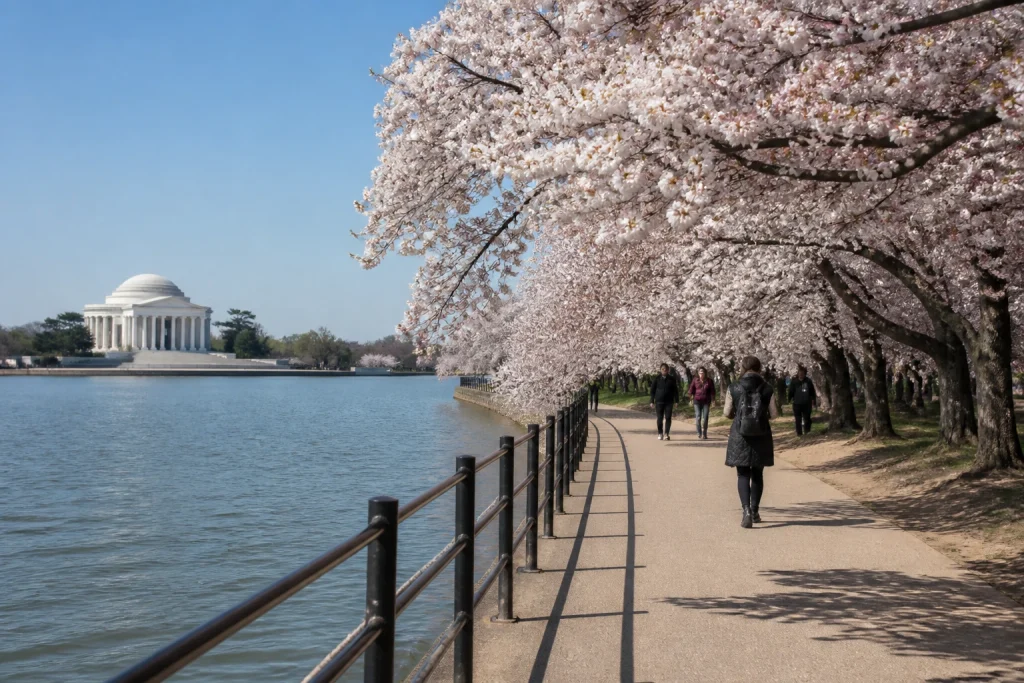 Visitors walking along a cherry blossom-lined path at the Tidal Basin in Washington DC.
