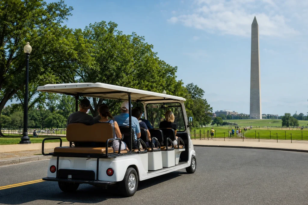 Electric sightseeing cart on a paved road near the National Mall with the Washington Monument behind it.