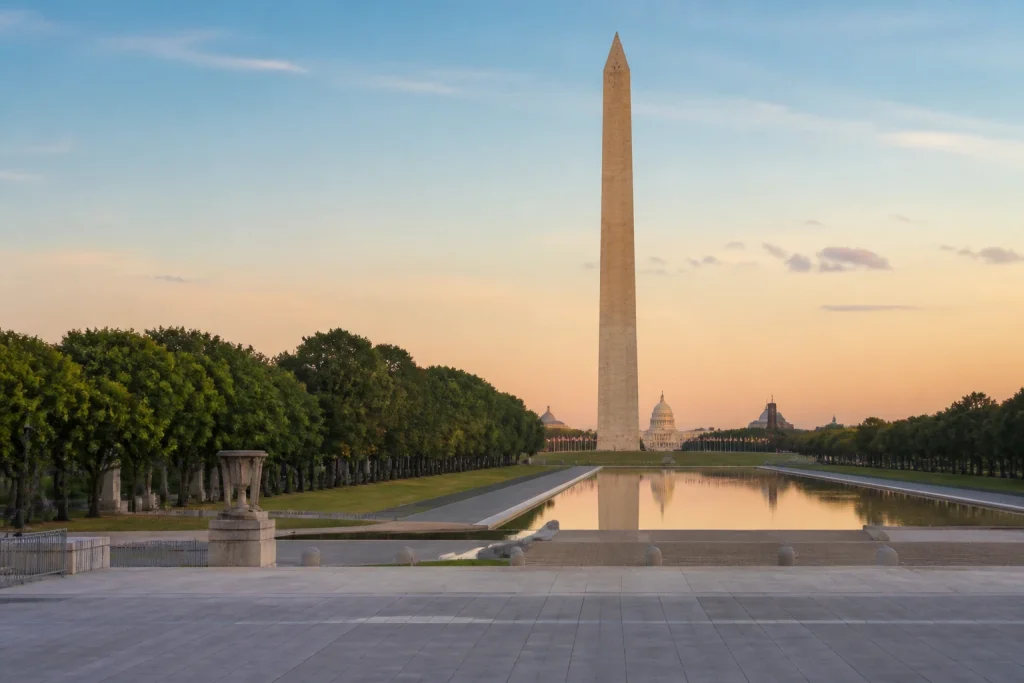 Early-morning view of the Washington Monument and National Mall in Washington DC.