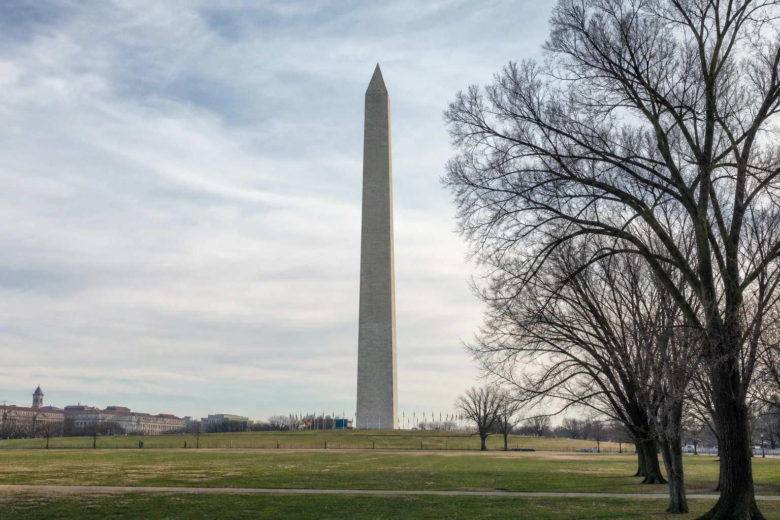 Washington Monument and winter-bare trees on the National Mall in December