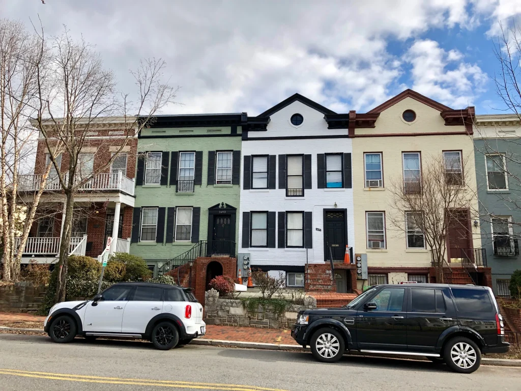 Georgetown street with rowhouses and bare trees in December