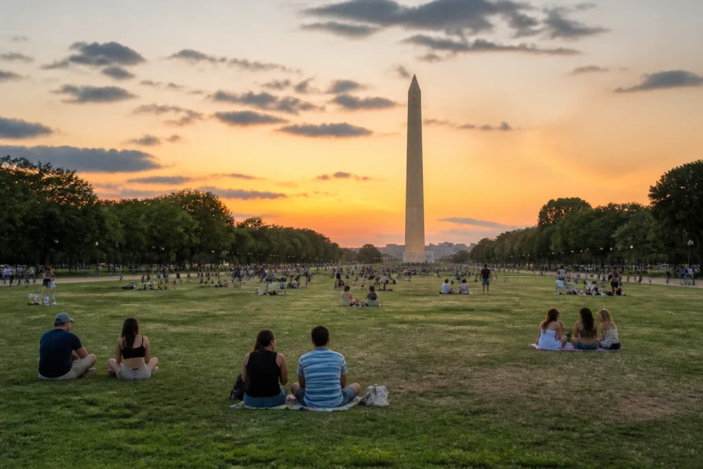 The Washington Monument and National Mall in summer evening light.