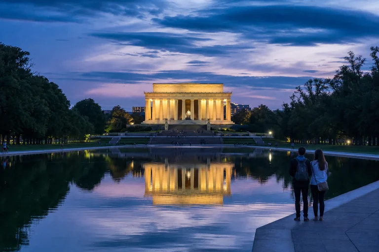 Lincoln Memorial reflected in the Reflecting Pool at blue hour in Washington DC