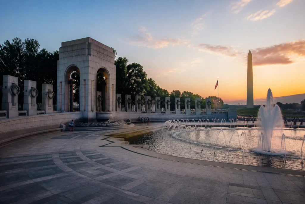 World War II Memorial at dusk on the National Mall