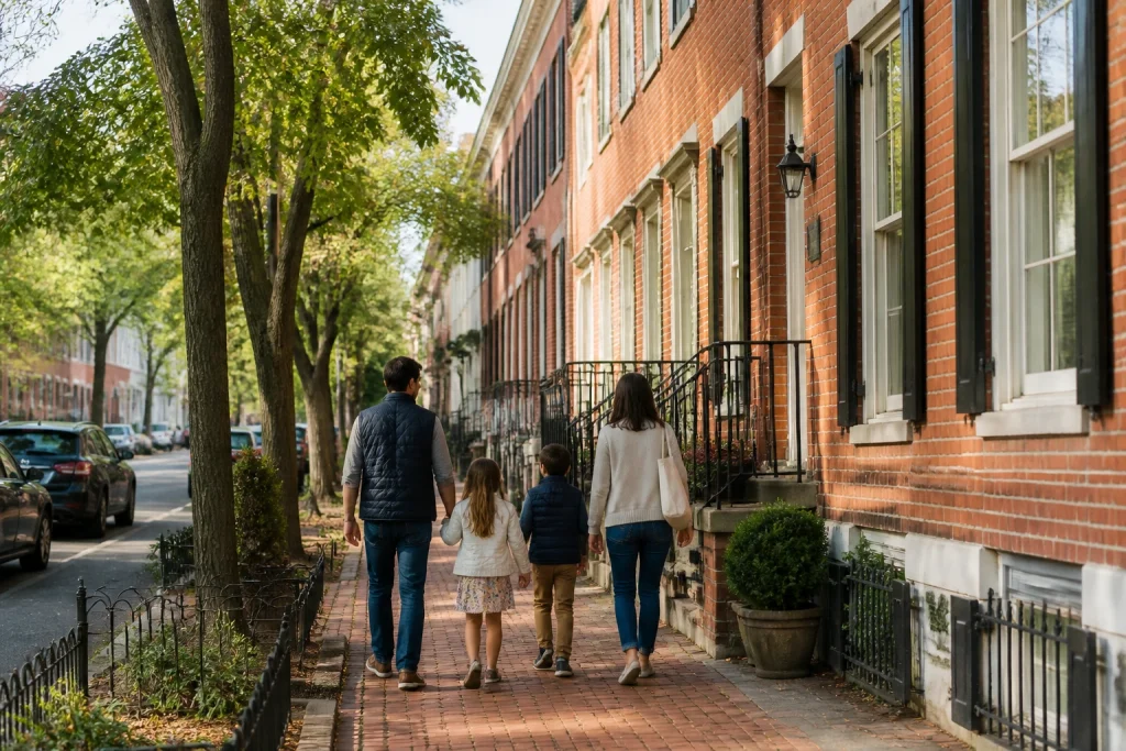 A family walking along a historic brick street in Georgetown, Washington, DC
