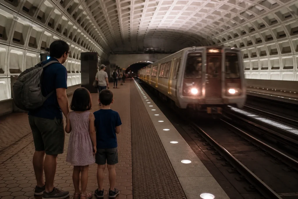 A Metro train arriving at Smithsonian station in Washington, DC