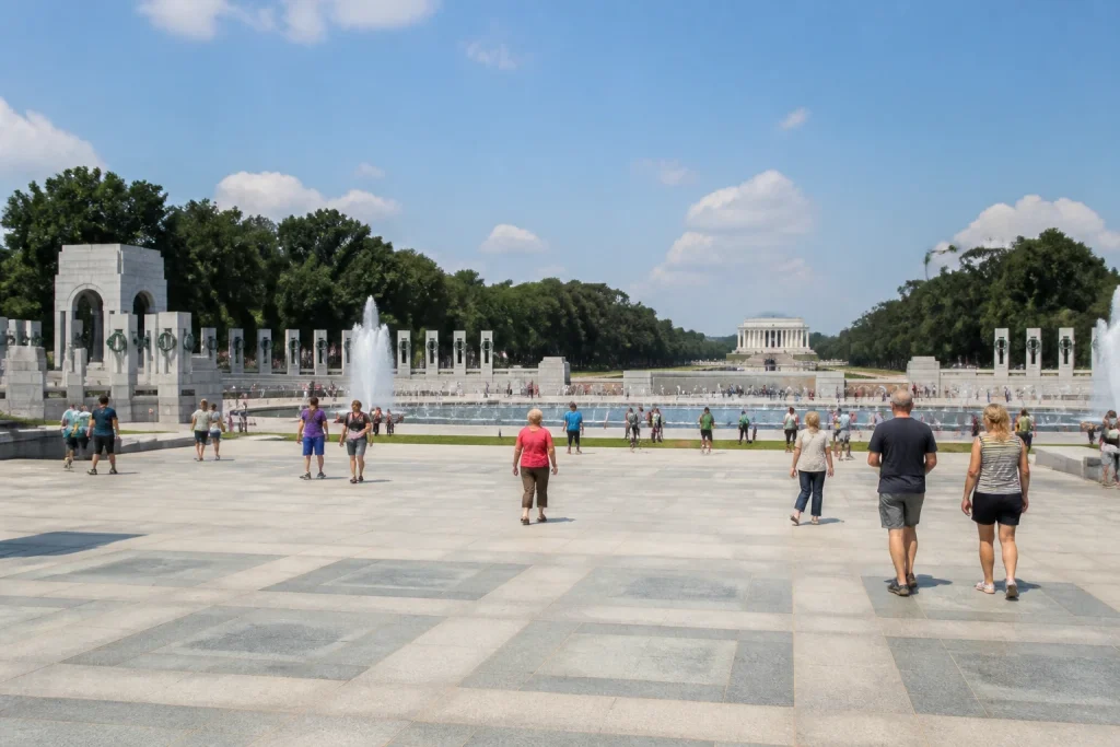 Broad public approach at the World War II Memorial in Washington DC
