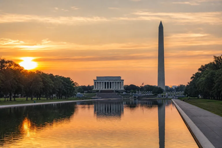 Lincoln Memorial Reflecting Pool and Washington Monument at sunrise in Washington DC