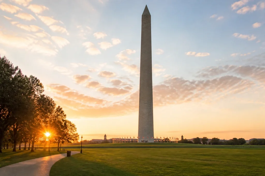 Washington Monument and surrounding grounds in early morning light