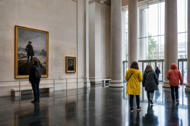 Visitors inside the National Gallery of Art East Building in Washington DC on a rainy day