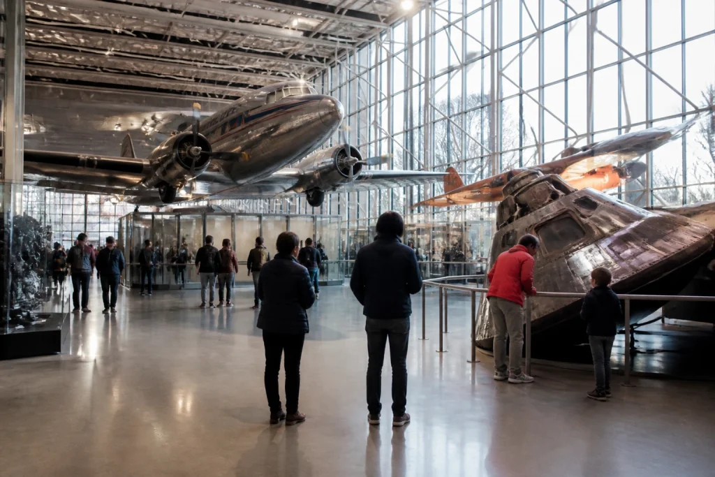 Visitors explore aviation exhibits inside the Smithsonian National Air and Space Museum