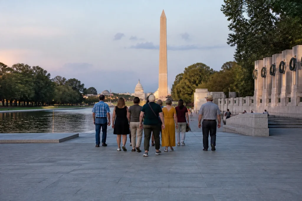 Visitors walking through the National Mall during early evening
