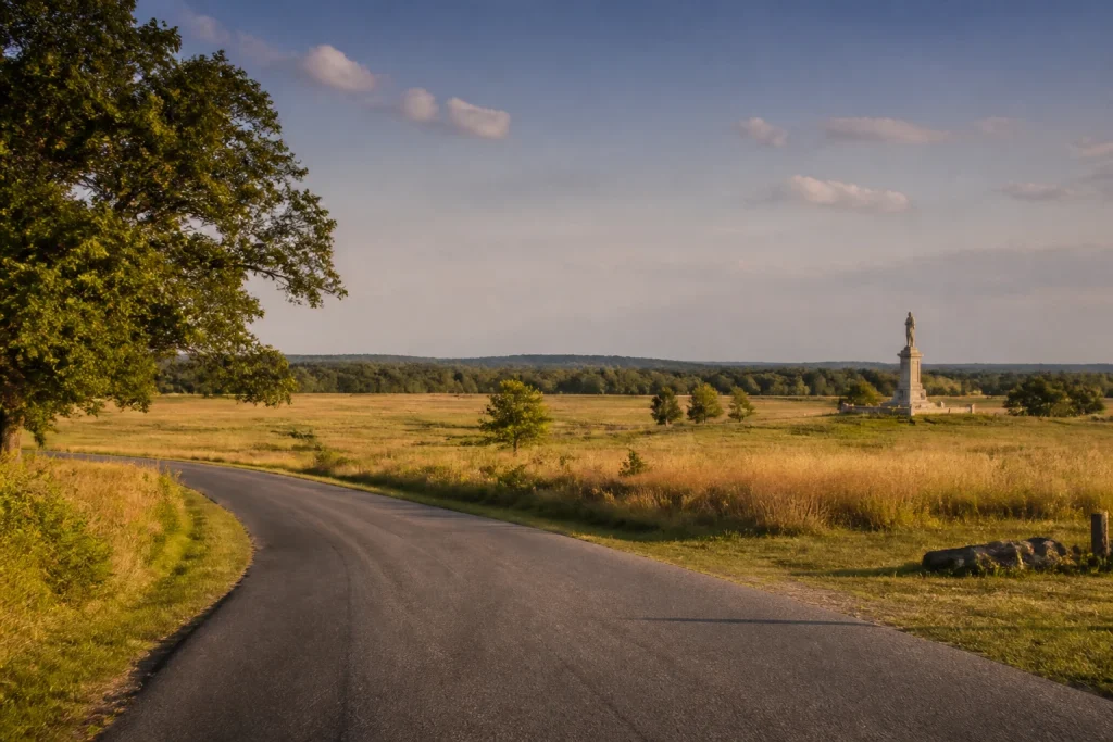 Paved battlefield road through Gettysburg National Military Park.