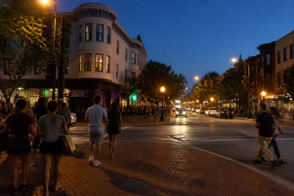 Evening streetscape in Adams Morgan near 18th Street NW.