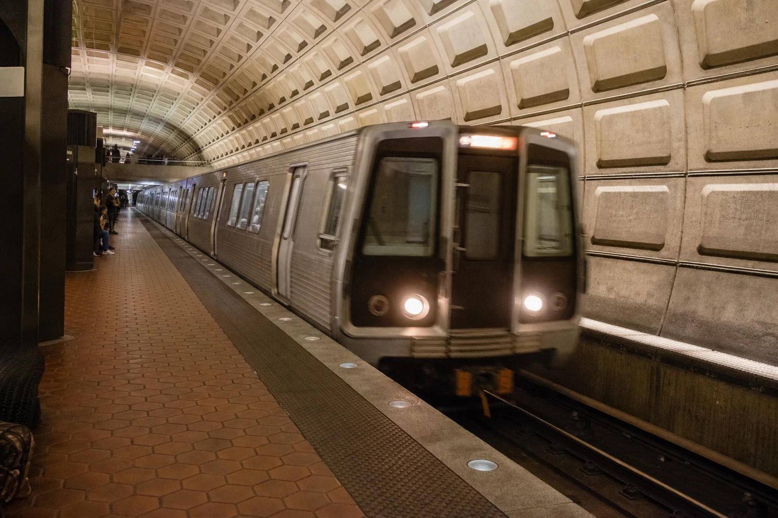 Washington Metro train at Gallery Place-Chinatown station in Washington DC
