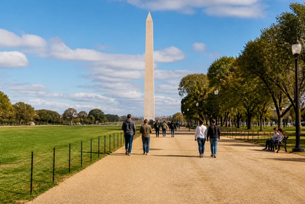 Pedestrian path on the National Mall with the Washington Monument