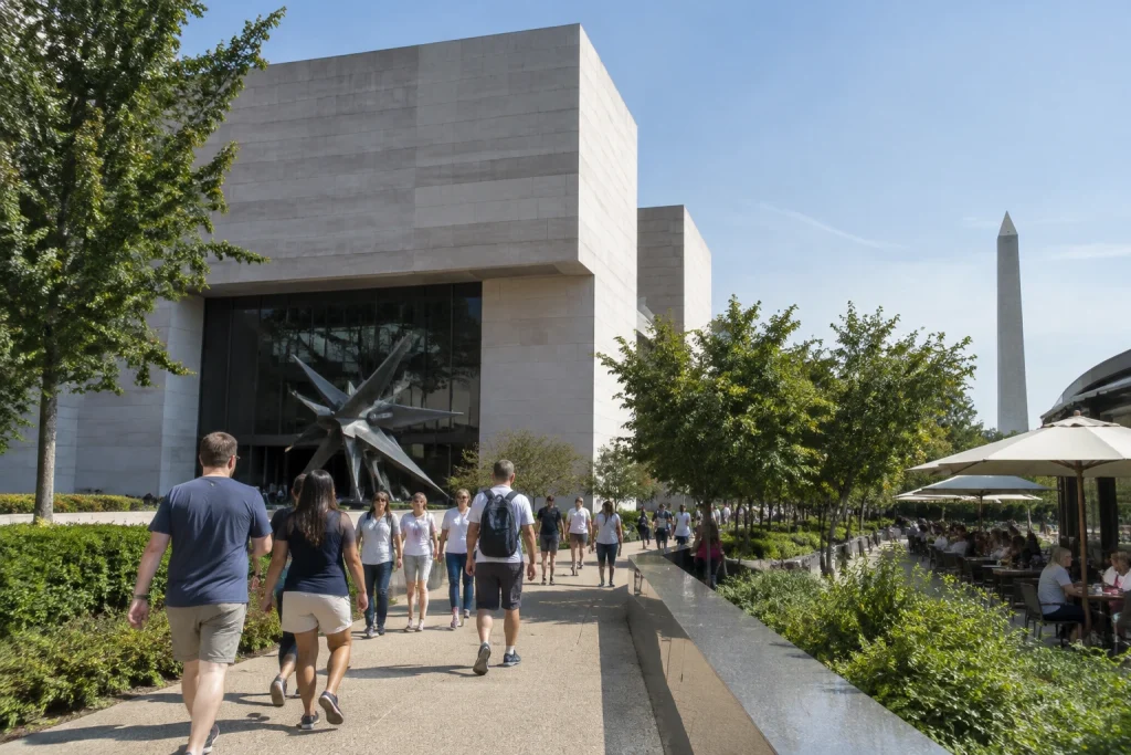 Visitors outside the Smithsonian National Air and Space Museum on the National Mall.